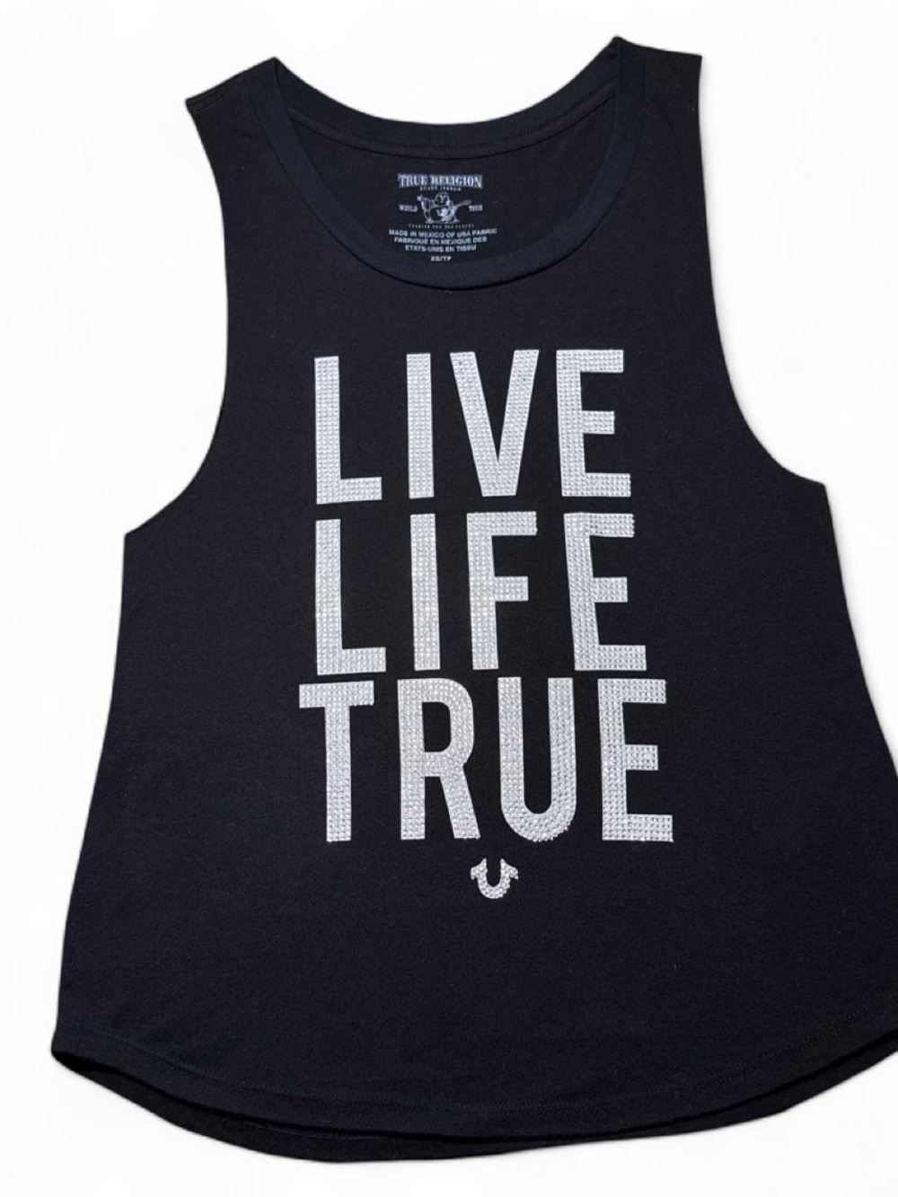 True Religion Black Tank with Silver Crystal 'LIVE LIFE TRUE' Text